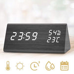 Digital Alarm Clock for Bedroom, 3 Alarm Settings Clock with Wooden LED Displays Time Brightness Adjustable, Dual Power Supply, Temperature and Humidity Detect, Ideal Gift for Friends