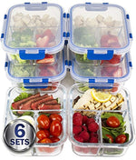 [LIFETIME LIDS 6 PACK] LARGE Premium 6 Sets 3 Compartment Glass Meal Prep Containers 3 Compartment with Snap Locking Lids, BPA-Free, Microwave, Oven, Freezer, Dishwasher Safe (4.5 Cup, 36 Oz,)