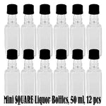 Mini SQUARE Plastic Alcohol 50ml Liquor Bottle Shots + Caps (12)