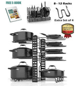 SKATCO Pots and Pans Organizer – Metal Pan Organizer Rack – Pantry & Kitchen Cabinet Organizer – Heavy Duty Lids, Dishes, Pot and Pan Organizer – Horizontal & Vertical Pot Rack with 3 Use Methods