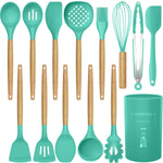 14 Pcs Silicone Cooking Utensils Kitchen Utensil Set - 446°F Heat Resistant,Turner Tongs,Spatula,Spoon,Brush,Whisk. Wooden Handles Gray Kitchen Gadgets Tools Set for Nonstick Cookware (BPA Free)