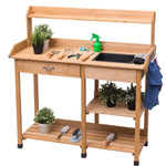 Giantex Potting Bench Solid Wood Outdoor Garden Patio Planting Workstation W/Storage Shelf and Hooks