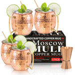 Moscow Mule Copper Mugs - Set of 4-100% HANDCRAFTED - Food Safe Pure Solid Copper Mugs - 16 oz Gift Set with BONUS: Highest Quality Cocktail Copper Straws and Jigger!